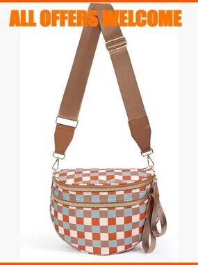 Nylon Crossbody Bag with Checkered Pattern, Adjustable Strap, Large Capacity